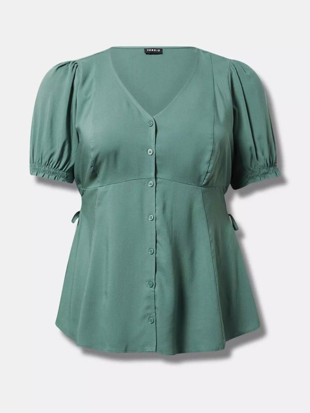 Torrid "Dark Forest" Challis Side Tie Button Front V-Neck Top Plus Size 3 - Picture 4 of 13